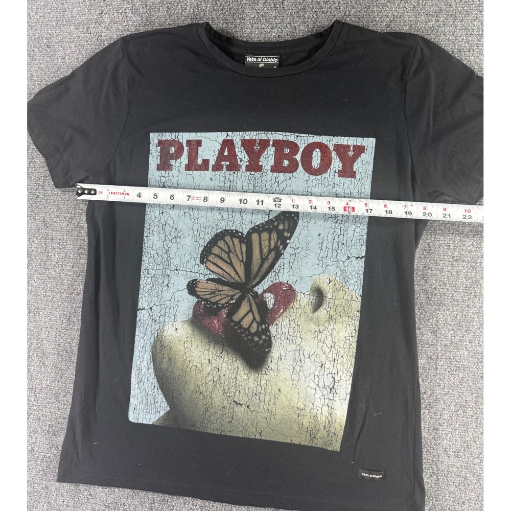 Vete al Diablo Playboy Graphic T-Shirt Mens Medium Black Butterfly Print Tee - Picture 6 of 6